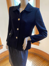 Load image into Gallery viewer, St. John Black Knit Jacket with Goldtone Metallic Logo Buttons, size S