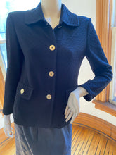 Load image into Gallery viewer, St. John Black Knit Jacket with Goldtone Metallic Logo Buttons, size S