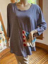 Load image into Gallery viewer, Alembika Navy Blue Striped Tunic Top with Contrast Floral Fabric Pocket, size M/L (Brand size 3)
