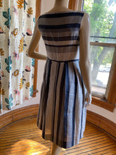 Load image into Gallery viewer, L. K. Bennett Taupe/Blue-Gray Striped Sleeveless Full-Skirted Linen Dress, size XS (UK 4/US 2)