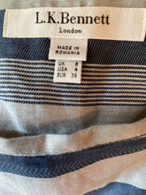 Load image into Gallery viewer, L. K. Bennett Taupe/Blue-Gray Striped Sleeveless Full-Skirted Linen Dress, size XS (UK 4/US 2)