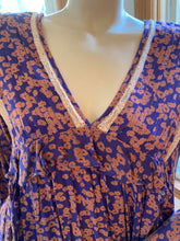 Load image into Gallery viewer, Free People Orange/Purple Rayon Print Top with Lace Trims, size S