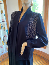 Load image into Gallery viewer, Umsteigen Black Open Front Knit Jacket/Cardigan with Graphic Print, size L