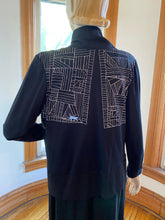 Load image into Gallery viewer, Umsteigen Black Open Front Knit Jacket/Cardigan with Graphic Print, size L