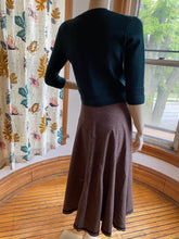 Load image into Gallery viewer, Ronen Chen Brown Glen Plaid Asymmetrical Hem Skirt with Black Contrast Trim, size L (Brand size 4)