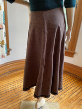 Load image into Gallery viewer, Ronen Chen Brown Glen Plaid Asymmetrical Hem Skirt with Black Contrast Trim, size L (Brand size 4)