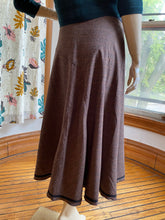 Load image into Gallery viewer, Ronen Chen Brown Glen Plaid Asymmetrical Hem Skirt with Black Contrast Trim, size L (Brand size 4)