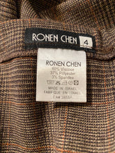 Load image into Gallery viewer, Ronen Chen Brown Glen Plaid Asymmetrical Hem Skirt with Black Contrast Trim, size L (Brand size 4)