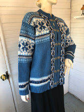 Load image into Gallery viewer, Fjord Fashion Nordic Blue Wool Cardigan with Pewter Clasps, size L