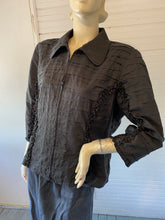 Load image into Gallery viewer, Samuel Dong Black Ruffle Rayon Zip Front Jacket, size L/XL (XL runs small)