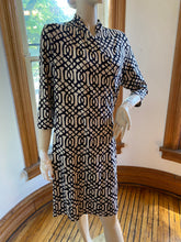 Load image into Gallery viewer, J McLaughlin Ivory/Black Scrolling Link Print Faux Wrap Dress, size M