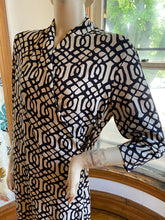 Load image into Gallery viewer, J McLaughlin Ivory/Black Scrolling Link Print Faux Wrap Dress, size M