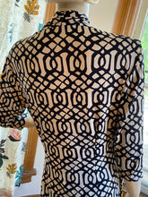 Load image into Gallery viewer, J McLaughlin Ivory/Black Scrolling Link Print Faux Wrap Dress, size M