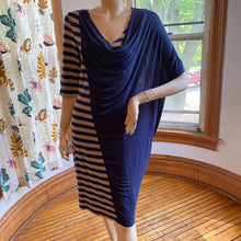 Load image into Gallery viewer, Ronen Chen Blue/Taupe Draped/Striped Asymmetrical Knit Dress, size M/L (Brand size 3)
