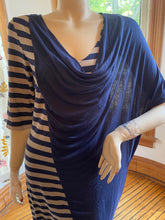 Load image into Gallery viewer, Ronen Chen Blue/Taupe Draped/Striped Asymmetrical Knit Dress, size M/L (Brand size 3)