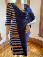 Load image into Gallery viewer, Ronen Chen Blue/Taupe Draped/Striped Asymmetrical Knit Dress, size M/L (Brand size 3)