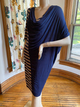 Load image into Gallery viewer, Ronen Chen Blue/Taupe Draped/Striped Asymmetrical Knit Dress, size M/L (Brand size 3)