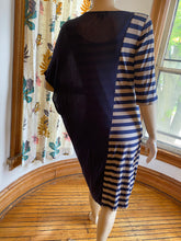 Load image into Gallery viewer, Ronen Chen Blue/Taupe Draped/Striped Asymmetrical Knit Dress, size M/L (Brand size 3)