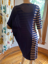 Load image into Gallery viewer, Ronen Chen Blue/Taupe Draped/Striped Asymmetrical Knit Dress, size M/L (Brand size 3)