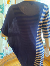 Load image into Gallery viewer, Ronen Chen Blue/Taupe Draped/Striped Asymmetrical Knit Dress, size M/L (Brand size 3)