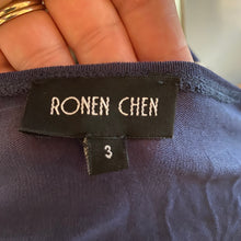 Load image into Gallery viewer, Ronen Chen Blue/Taupe Draped/Striped Asymmetrical Knit Dress, size M/L (Brand size 3)