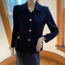 Load image into Gallery viewer, St. John Black Knit Jacket with Goldtone Metallic Logo Buttons, size S
