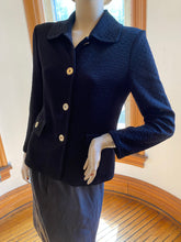 Load image into Gallery viewer, St. John Black Knit Jacket with Goldtone Metallic Logo Buttons, size S
