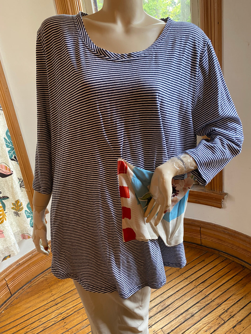 Alembika Navy Blue Striped Tunic Top with Contrast Floral Fabric Pocket, size M/L (Brand size 3)