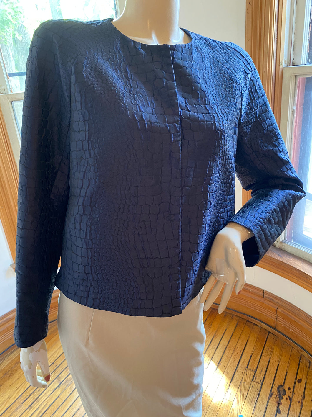 Armani Collezioni Blue Reptile Textured Fabric Collarless Jacket, size M (US 10)