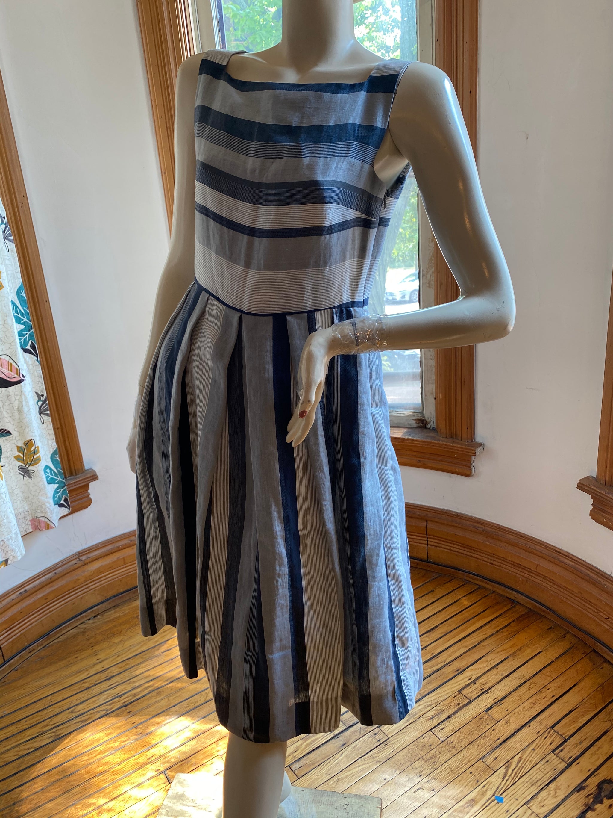 L. K. Bennett Taupe/Blue-Gray Striped Sleeveless Full-Skirted Linen Dr –  Christina Finn Style & Boutique