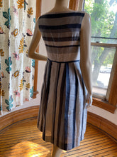 Load image into Gallery viewer, L. K. Bennett Taupe/Blue-Gray Striped Sleeveless Full-Skirted Linen Dress, size XS (UK 4/US 2)
