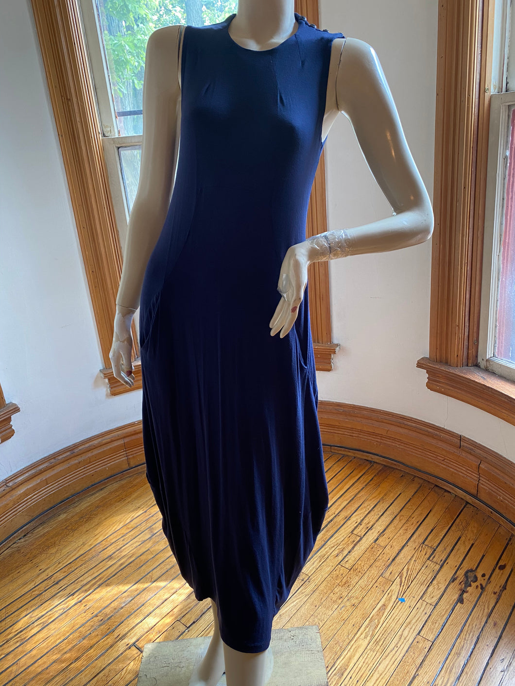 Karen Klein San Francisco Blue Sleeveless Knit Sculptural Maxi Dress, size M