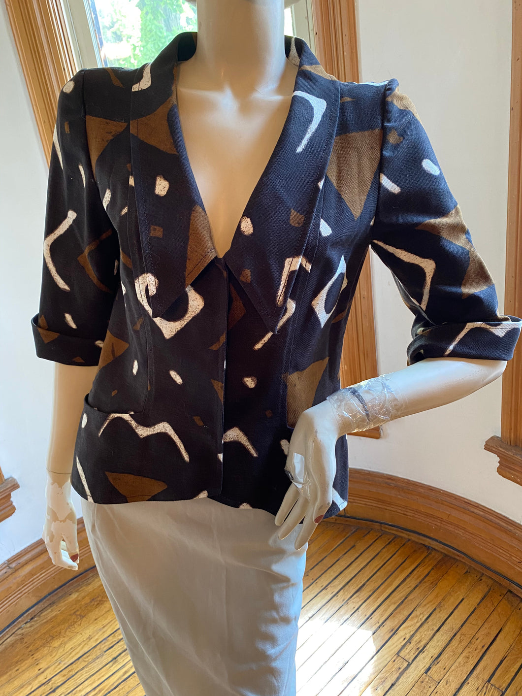 Oscar de la Renta Brown/Black Abstract Print Short Sleeved Jacket/Top, size M (US 8)