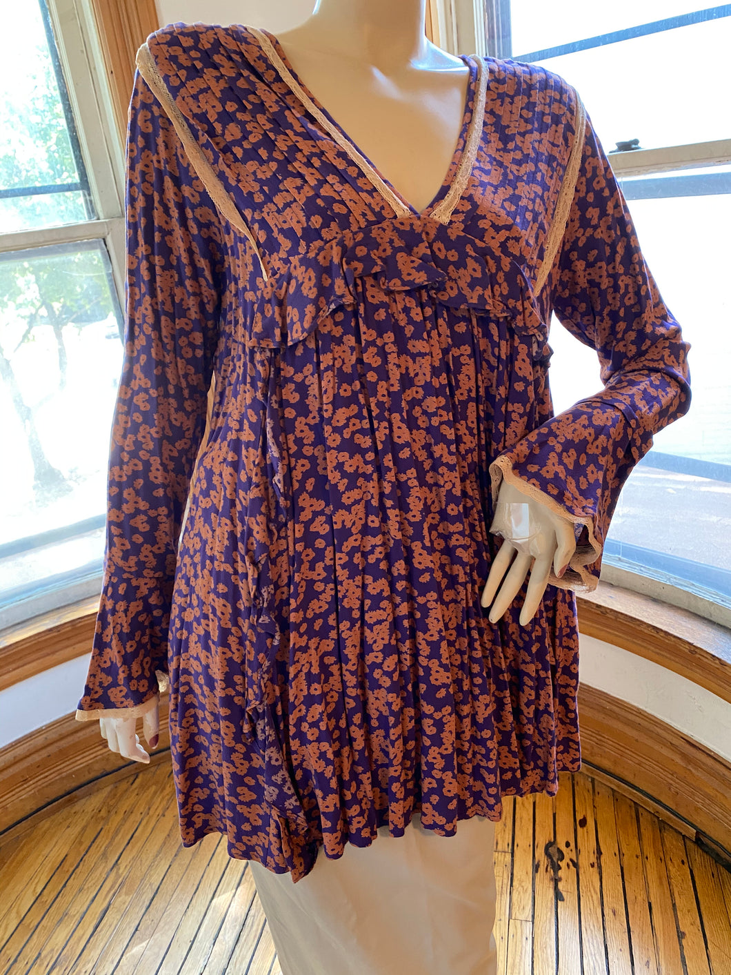 Free People Orange/Purple Rayon Print Top with Lace Trims, size S