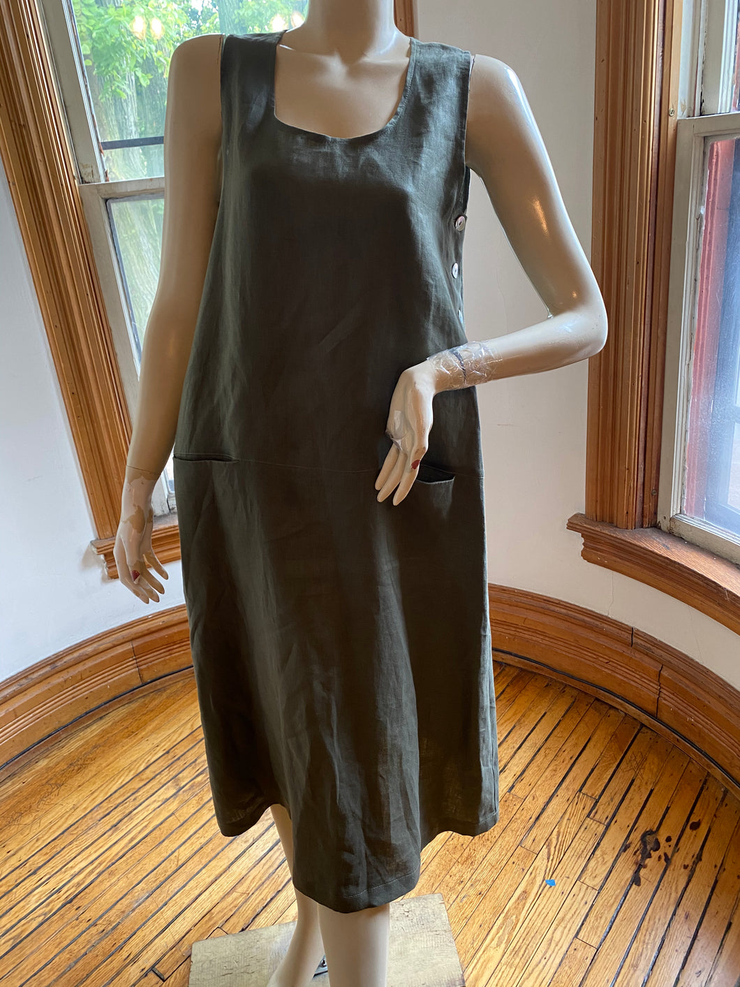 Eva Tralala Olive Green Sleeveless Linen Relaxed Fit Long Dress, size S/M (36 bust)