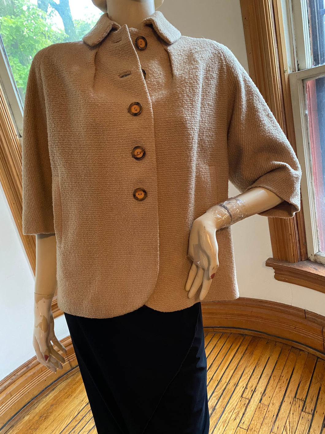 Vintage 1960s Camel Tan Nubby Textured Elbow Length Sleeve Boxy Jacket, size S