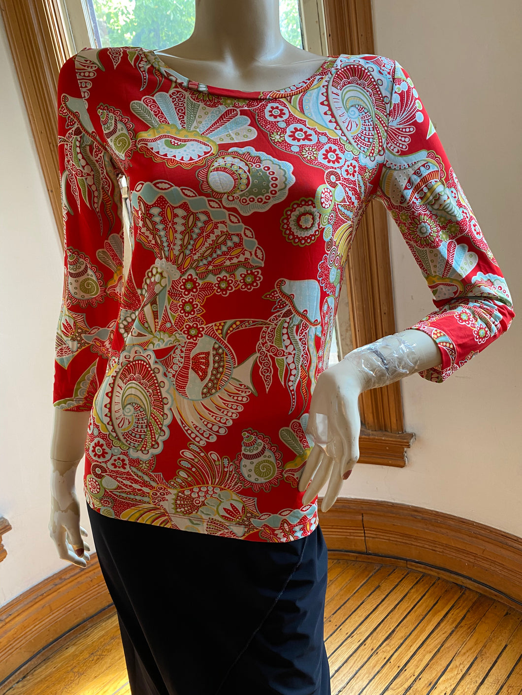 Les Copains Red Knit Sea Life Print Long Sleeved Top, size XS