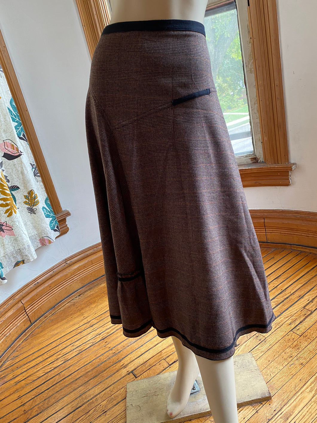 Ronen Chen Brown Glen Plaid Asymmetrical Hem Skirt with Black Contrast Trim, size L (Brand size 4)