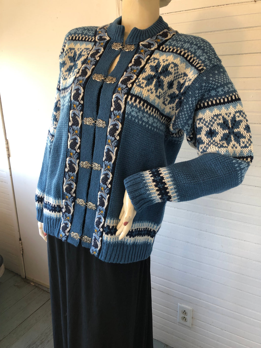 Fjord Fashion Nordic Blue Wool Cardigan with Pewter Clasps, size L
