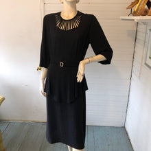 Load image into Gallery viewer, Vintage 1940s Black Crepe Dress with Peplum, size L/XL (42-34-41)
