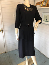 Load image into Gallery viewer, Vintage 1940s Black Crepe Dress with Peplum, size L/XL (42-34-41)
