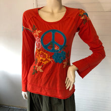 Load image into Gallery viewer, Johnny Was &quot;Peace&quot; Embroidered Orange Tinged Red Knit Top, size XS/S
