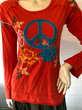 Load image into Gallery viewer, Johnny Was &quot;Peace&quot; Embroidered Orange Tinged Red Knit Top, size XS/S
