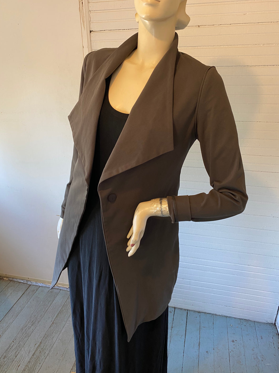 Sarah Pacini Green-Tinged Gray Long Jacket, size XS/S