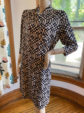Load image into Gallery viewer, J McLaughlin Ivory/Black Scrolling Link Print Faux Wrap Dress, size M
