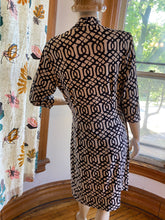 Load image into Gallery viewer, J McLaughlin Ivory/Black Scrolling Link Print Faux Wrap Dress, size M
