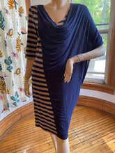 Load image into Gallery viewer, Ronen Chen Blue/Taupe Draped/Striped Asymmetrical Knit Dress, size M/L (Brand size 3)
