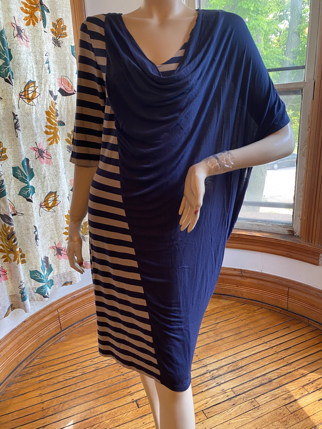 Ronen Chen Blue/Taupe Draped/Striped Asymmetrical Knit Dress, size M/L (Brand size 3)