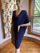 Load image into Gallery viewer, Ronen Chen Blue/Taupe Draped/Striped Asymmetrical Knit Dress, size M/L (Brand size 3)
