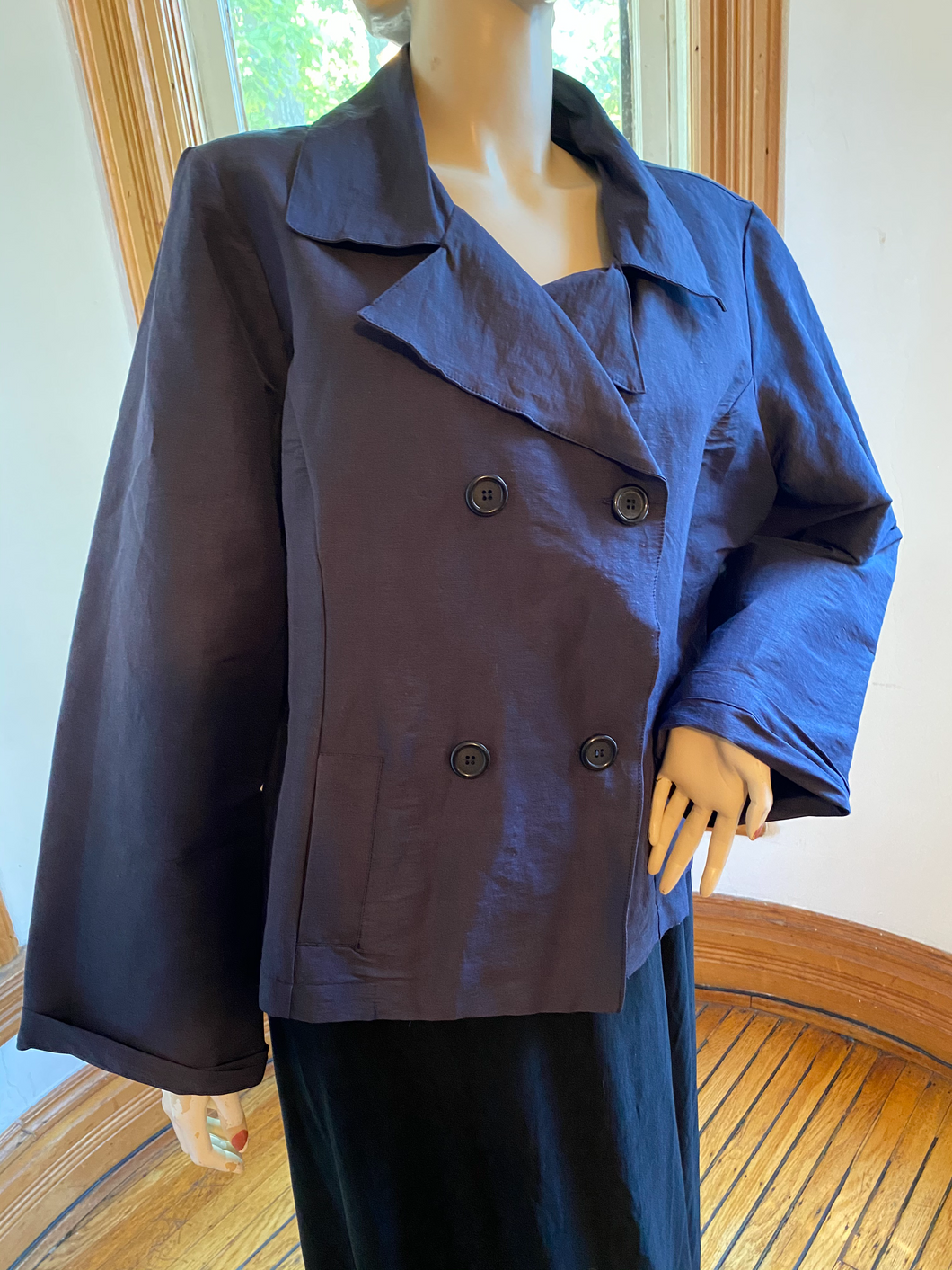 Bryn Walker Blue Linen Blend Boxy Double-Breasted Jacket, size L